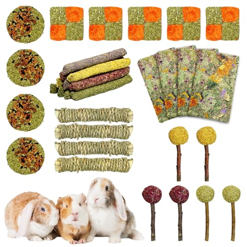 Fhiny Rabbit Chew Toys, 33 PCS Natural Guinea Pig Chew Toys for Teeth Handmade Small Animal Timothy Molar Sticks & Cakes Bunny Snacks Hamster Treats for Guinea Pig Bunny Chinchilla Hamster Gerbil