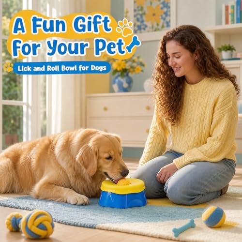 Dog Licking Bowl with Rolling Ball for Liquid Treats, Anti Slip Slow Feeder Dog Bowls with Ice Ball Mold & Clean Brush, Enrichment Puzzle Toy for Small and Medium Dogs