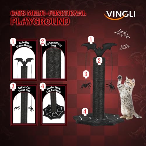 VINGLI Halloween Cat Scratching Post, Gothic Premium Sisal Scratch Posts with Hanging Bat Decor, Webs Shaped Base, Black