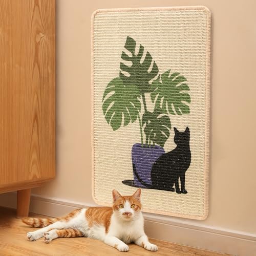 FUKUMARU Sisal Cat Scratching Mat, 23.6 x 15.7 Inch Cat Scratch Pad Wall - color: Monstera-23.6 x 15.7 Inch
