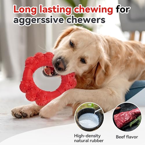 Indestructible Dog Chew Toys for Aggressive Chewers, Super Chewer Toys for Medium Large Dogs, Interactive Ring Toy, Heavy Duty Teething Toys - color: Red