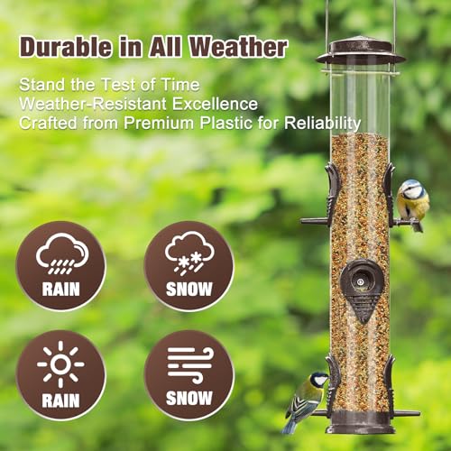 ERYTLLY Metal Bird Feeders - Tube Feeder for Wild Birds, 1.4mm Thick Transparent Tube, Squirrel Proof Hanger - color: Coffee-Metal 6 Feeding Ports