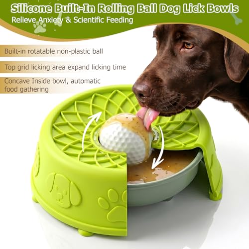 Dog Slow Feeder Lick Bowl with Rolling Ball for Liquid Treats,2-in-1(Green) - color: Green