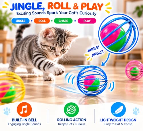 Cat Toys 6 Pack for Indoor Cats & Kittens, Metal Cage Balls with Mice & Bells, Colorful Jingle Bell Ball Toys, Interactive Mouse Toys for Swatting, Chasing & Pouncing