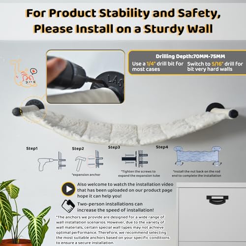 Cat Hammock Wall Mounted, Wall Mounted Cat Shelves, 35.43 x 12.99 in - color: Plush Long