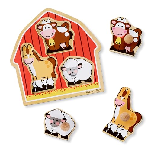 Melissa & Doug Barnyard Animals Jumbo Knob Puzzle, Wooden Peg Puzzle for Toddlers, Educational Toy for Shape Recognition and Fine Motor Skills, Ages 1+ - size: Small (1 Puzzle), style: Barnyard Animals