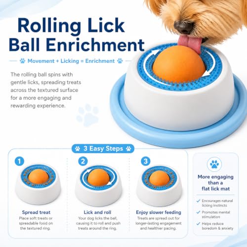 Dog Lick Bowl with Rolling Ball,Lick Bowl for Dogs for Wet Food,Yogurt,Bone Broth&Peanut Butter.Non-Slip Rolling Ball Dog Lick Bowl,Slow Feeder Dog Bowl Enrichment Toy for Dogs&Cats(Blue)