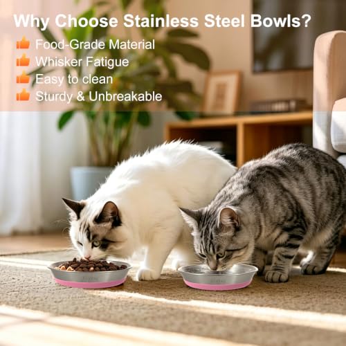 6 Pack Pink 304 Stainless Steel Shallow Whisker Fatigue Cat Bowls - color: Pink, size: 6Pcs