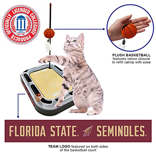 NCAA FLORIDA STATE Seminoles Basketball Court Cat Scratcher - REVERSIBLE Felt/Cardboard Toy, Cat Ball with Bell, Catnip-Filled Plush Basketball - color: Florida State Seminoles, style: Basketball Court