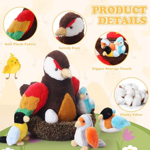 RoundFunny 7 Pcs Birds Stuffed Animals with Babies Egg and Nest - style: Bird