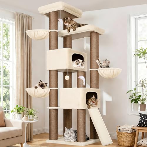 Globlazer 84" Multi-Level Large Cat Tree Tower with Extra Thick Full Sisal Scratching Posts, 2 Cat Condos, 3 Hanging Baskets, 2 Extra Large Platforms & Cat Scratching Ramp,S84, Beige - color: Beige, size: 84 Inch