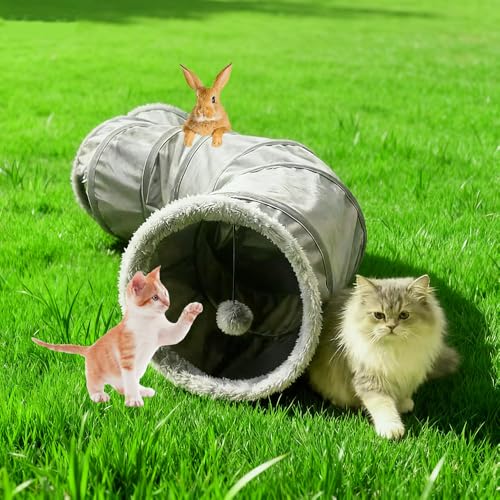 2-Way Collapsible Cat Tunnel Tube Toy Pack Set - color: Grey fleece