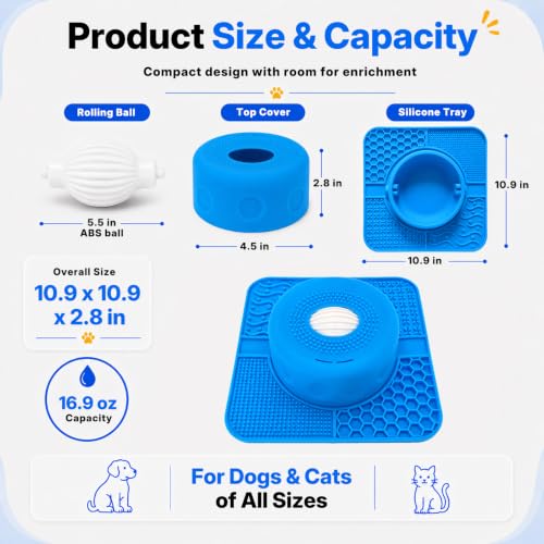 2-in-1 Slow Feeder Dog Bowl, Rolling Ball & Lick Mat, Large Blue