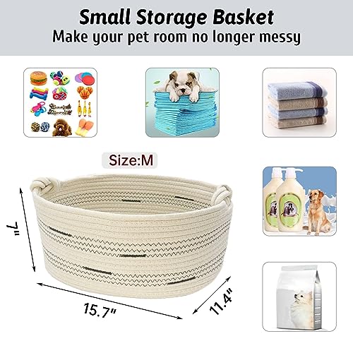 Fhiny Cotton Rope Dog Toy Basket with Handle Puppy Toys Storage Bin Small Woven Rectangle Diapers Pet Kitty Bed Perfect for Carry Pet Chew Toys Blankets Leashes Doggie Stuff - Beige M - size: B-M:15.7"×11.4"×7"