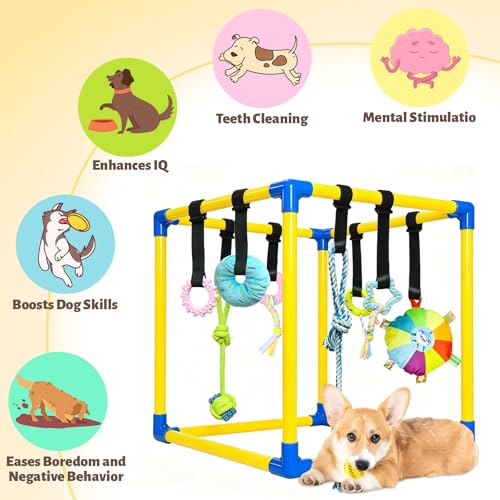 Puppy Play Gym with 9 Hanging Toys for Small Dogs, PVC Frame with Bungee Straps, Interactive Indoor Jungle Playground for Entertainment, Teething and Mental Stimulation（Yellow） - color: Yellow, size: 9 Toys