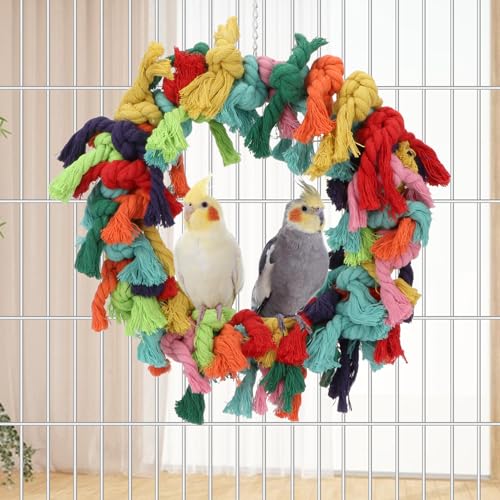 Bird Colorful Cotton Rope Hanging Ring Parrot Preening Grooming Chew Climb Biting Toy for African Grey Cockatoo Conure Parakeet