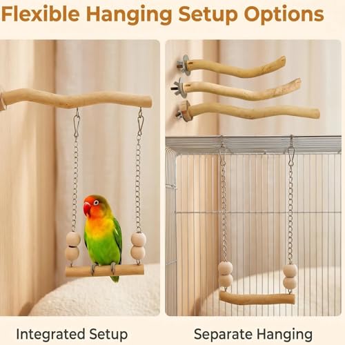 Bird Perch and Swing for Small Birds, Natural Wood Cage Accessories - size: Medium