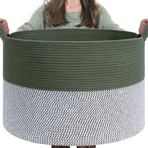 INDRESSME XXXLarge Woven Rope Blanket Basket Living Room Green, 90L - color: Green & White, size: 21.7"D x 13.8"H