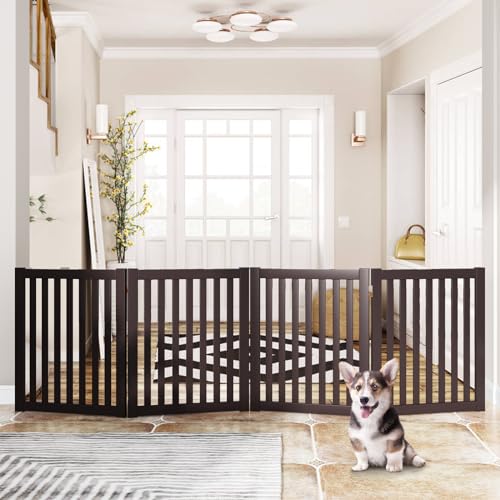 WELLAND Freestanding Pet Gate 4 Panel Wooden Step Over Dog Gate - color: Espresso, size: 4 Panel 80" Wide
