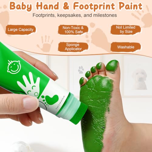 Baby Hand and Footprint Paint with Sponge Head, 2.54 fl oz, Non-Toxic & Acid-Free, Washable Baby Safe Paint for Newborn Keepsakes, Dog Nose & Paw Prints, Ideal New Mom Gift - Green - color: Green