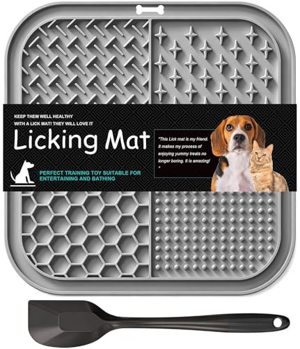 Licking Mat for Dogs & Cats with Suction Cups, 1 Pack Square Dog Slow Feeder Lick Pat for Anxiety Relief & Boredom, Dog Toys to Keep Them Busy, Pets Bathing Training Grooming Mat 7.8*7.8 inches - color: 1Pack-Grey