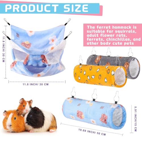Sweetude 6 Pcs Rat Hammock Set Ferret Hanging Tunnel 3 Tier Guinea Pig Hammocks Hideout Soft Chinchilla Bed for Cage Accessories Hide,Play and Sleep (Sun,Bear) - color: Sun