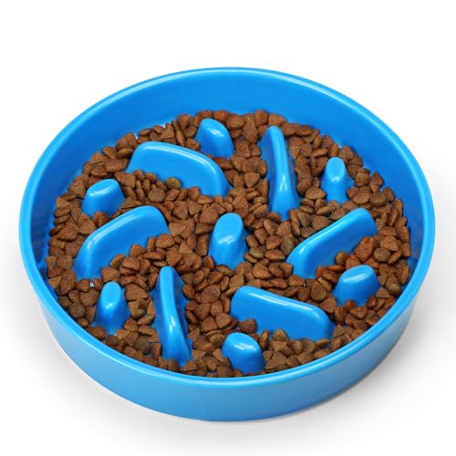 Ceramic Slow Feeder Dog Bowl, 2 Cups Maze Puzzle Dish to Slow Down Eating - color: Maze - Blue