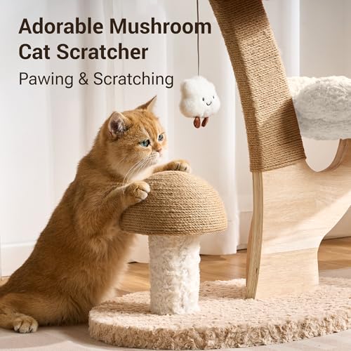 Aesthetic Flower Cat Tree Tower with Scratching Post for Indoor Cats, 37" H Modern Cat Tree with Wood Sculpted Branch, Flower Cat Beds, Mushroom Scratcher & Interactive Squeaky Toy, White - color: 37"-Mushroom-Creamy White