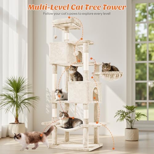 DUMOS Large 66 Inch Cat Tree Tower with Scratching Posts, Indoor Use - color: Beige, size: 66 Inch
