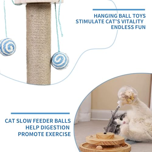 Marchul 4 in1 Interactive Cat Toy, Natural Sisal Cat Scratching Post with Hanging Balls, Cat Toys with Roller Track Ball by Wooden, Cat Food Feeder Toy with Treat Ball for Indoor Cats and Kittens