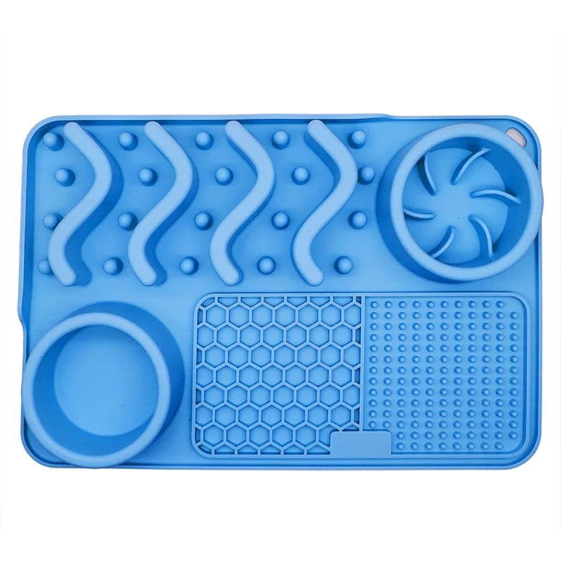 Silicone Dog Feeding Mat with Slow Feeder & Lick Pad for Dogs and Cats – Non-Slip Spill-Proof Pet Feeding Tray with Bowl Holder, Dishwasher Safe, Support, 12 x 8 Inch Blue - color: Blue