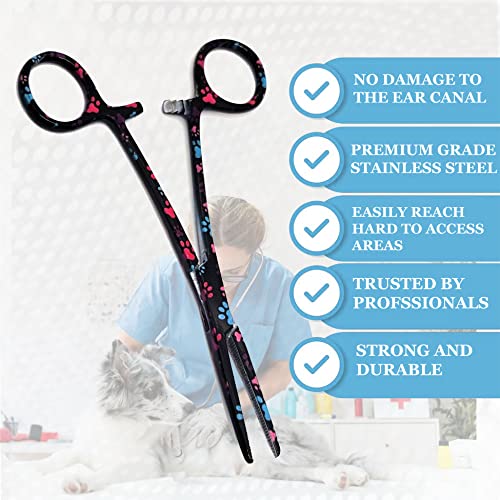 Dog Pet Ear/Nose Hair Puller Grooming Hemostat Locking Forceps Pliers, 5.5" (14cm), Straight (Black Multi Paws) - color: Black Multi Paws