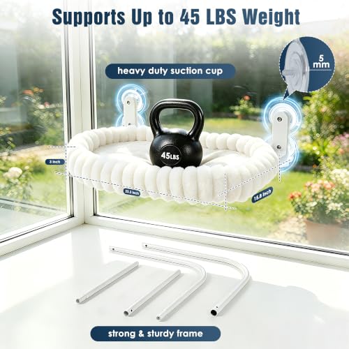 Cat Window Perch - Cordless Cat Window Hammock with 4 Strong Suction Cups, Ultra Soft Window Perch for Cats Inside - 2 in 1 Cats Window Bed Detchable & Washable Cushion 23.3 * 15.8in(White) - color: White