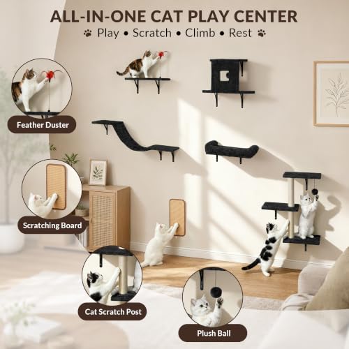 Cat Wall Shelves, 6-in-1 Cat Wall Furniture Set, Black - color: Black