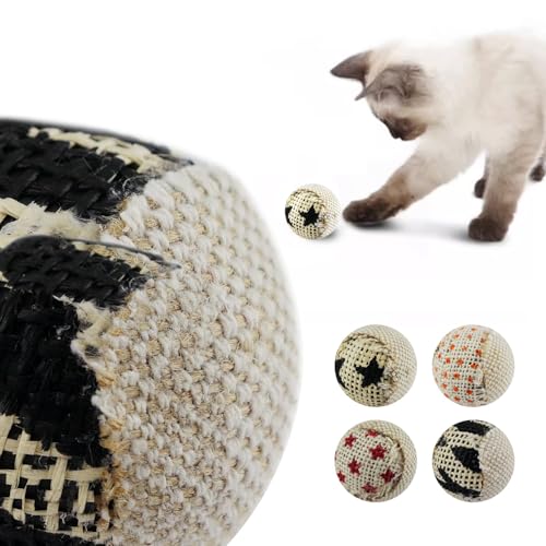 TTcat Canvas Burlap Cat Toy Balls, 4 Pack Natural Woven Linen Cat Play Balls, Durable Textured Kitten Chew Chase Toys, Lightweight Interactive Cat Ball Toys for Indoor Kittens & Cats.