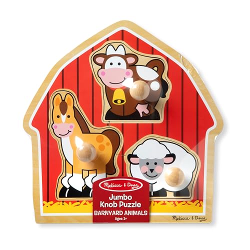 Melissa & Doug Barnyard Animals Jumbo Knob Puzzle, Wooden Peg Puzzle for Toddlers, Educational Toy for Shape Recognition and Fine Motor Skills, Ages 1+ - size: Small (1 Puzzle), style: Barnyard Animals
