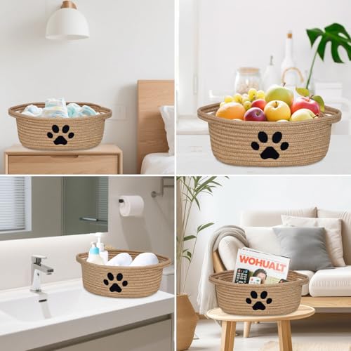 Small Woven Dog Toy Basket with Handle, Cute Paw - color: jute