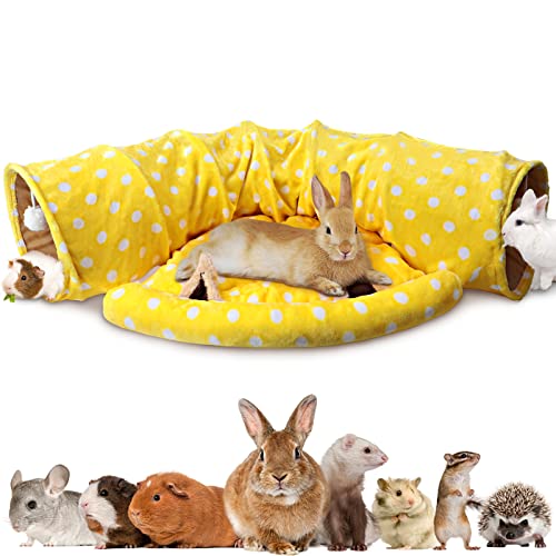 BWOGUE Bunny Tunnel Bed, 2-in-1 Collapsible Rabbit Tunnel Hideout with Mat - color: Yellow