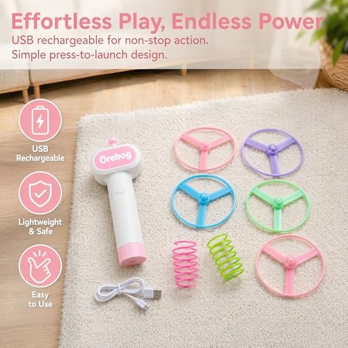 Cat Toy Disc Launcher,Rechargeable Interactive Cat Fetch Toy with 6 Discs - color: Pink