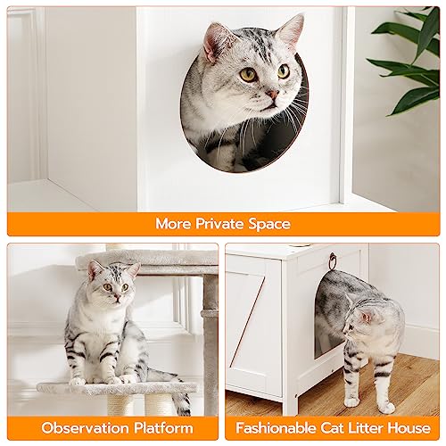 HOOBRO Cat Tree Tower with Litter Box Enclosure for Indoor, Wooden Cat Condo with Scratching Posts, Litter Box Furniture Hidden, All-in-One Cat House, White WT15MZ03 - color: White