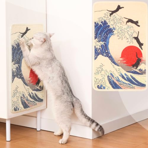 Furrther Sisal Cat Scratcher Post Mat (Use on Wall, Couch and Carpet), Durable and Shedding-Resistant Cat Scratching Surface - 21.7x13 inch with Adhesive Pads (The Cat Wave)