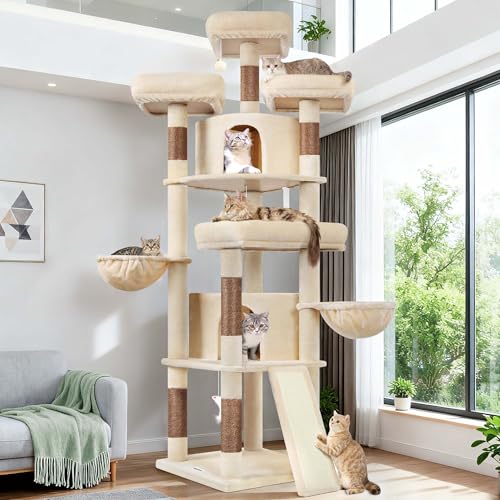 Globlazer 80 Inch Cat Tree for Large Cats, Tall Cat Tower for 4+ Cats, Multi-Level Cat Tree Tower with 2 Condos, 3 Perches, Hammock and 7 Sisal Scratching Posts, F80H, Beige - color: Beige, size: 80 Inch
