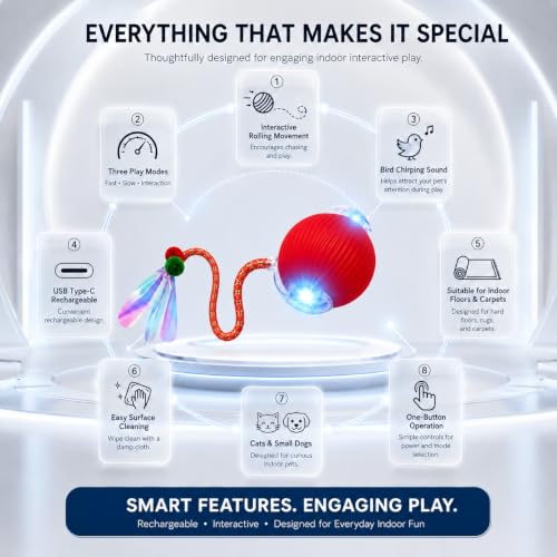 Interactive Cat Toy Ball, Automatic Cat Toy with Bird Chirping Sound, 3 Play Modes & 2 Tails,Rechargeable Smart Moving Pet Toy,Speedy Tail 2.0 Cat Toy,Cat Toys Interactive for Indoor Cats & Small Dogs