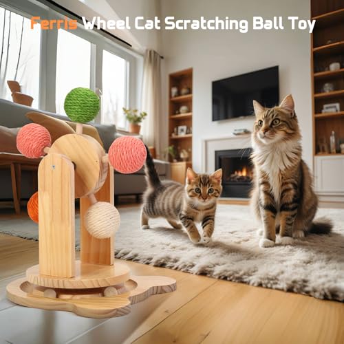 Cat Toy Ball Track,2-in-1 Interactive Cat Toy for Indoor Cats,Natural Sisal Ball with Solid Wooden Base,Spinning Ball Cats Scratcher Toy
