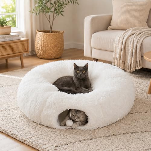 Feather Fluffy Plush Cat Tunnel Bed Big Tube Playground Toys 3 FT Diameter Longer Collapsible, for Indoor Cat Kitty Kitten Puppy Rabbit Ferret Snow White
