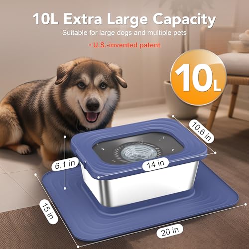 Decflow 10L Stainless Steel Dog Water Bowl, No Spill Anti-Splash Bowls - color: Blue