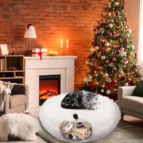 Hollowfly Christmas Cat Bed Tunnel 3ft x 3ft x 9.8in Under Tree Cat Donut Tunnels for Indoor Kittens Xmas Winter Plush Peekaboo Cave Toy Collapsible 3 Way for Small Kitty(Fluffy) - style: Fluffy