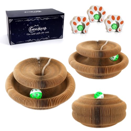 Goosheep 3 Pack Cardboard Cat Scratcher Board,Accordion Toy for Indoor Cats - size: Round-3PK