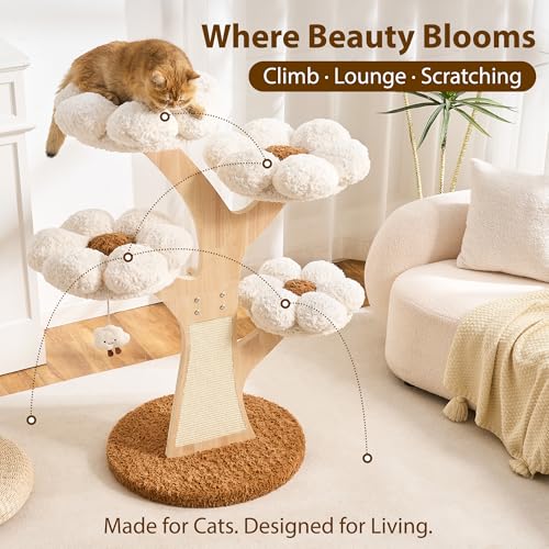 Aesthetic Flower Cat Tree Tower with Scratching Post for Indoor Cats, 48" Modern Cat Tree with Wood Sculpted Branch, Flower Cat Beds, Scratching Board & Interactive Squeaky Toy, Creamy White - color: 48"-Creamy White
