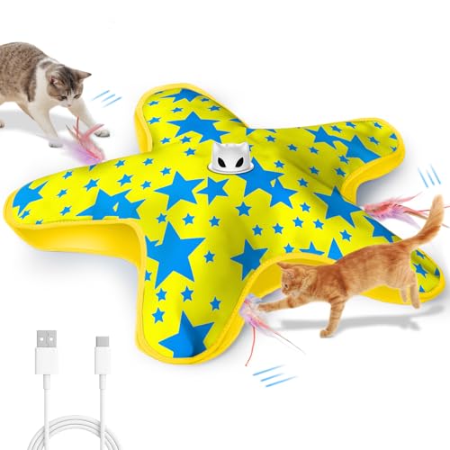 Interactive Cat Toys for Indoor Cats with Moving Concealed Feathers - color: Yellow Blue